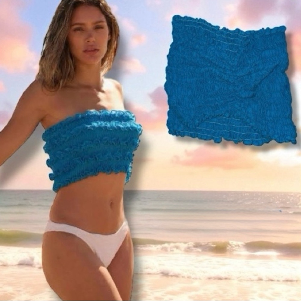 Island Planet Miami Beach Smocked Tube Top Rayon OS Turquoise Y2K Strapless